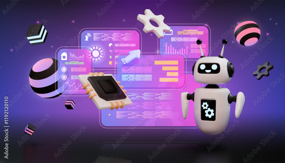 Poster AI technology. 3D futuristic robot. Digital HUD data text or software bot. Tech programming. Computer microchip. Artificial intelligence. Geometric render shapes. Vector background