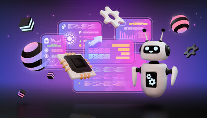 AI technology. 3D futuristic robot. Digital HUD data text or software bot. Tech programming. Computer microchip. Artificial intelligence. Geometric render shapes. Vector background