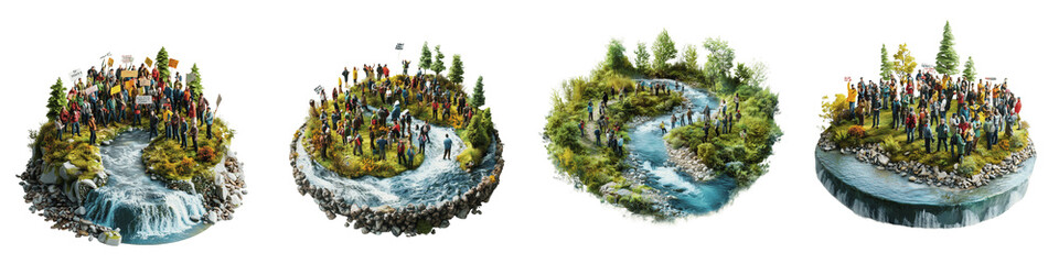 set of A group gathered near a river on River Day, on a transparent backgrounds