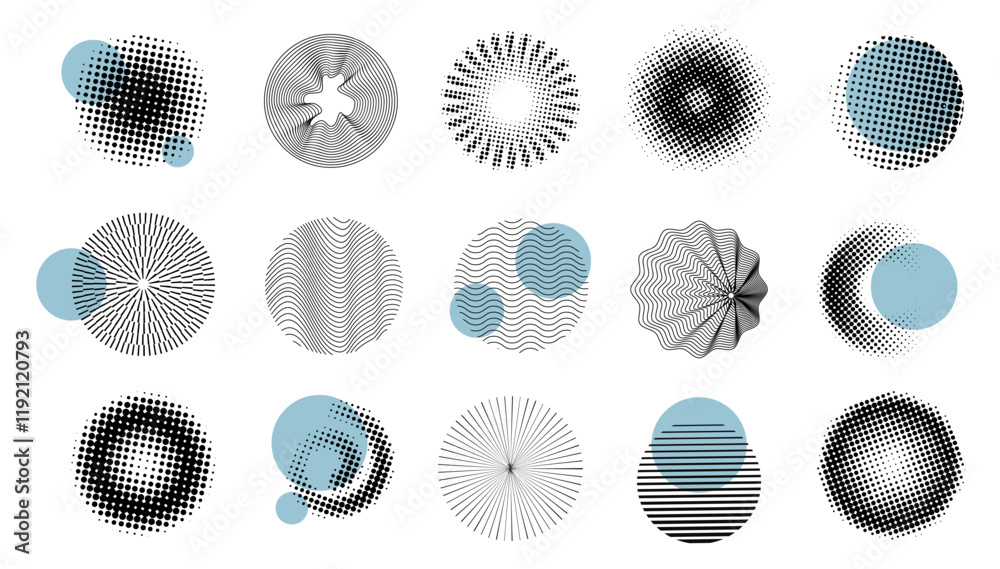 Aufkleber Dot pattern. Abstract logo design, line geometry shape or circular graphic elements. Round gradient texture. Halftone monochrome dotted geometric design. Logotype background vector icons set