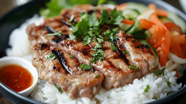 Grilled Pork Slices Served Over Rice With Vegetables