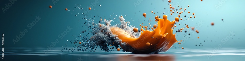 Poster captivating 3d rendered animation showcasing the dynamic scattering and spreading of a vibrant wave 