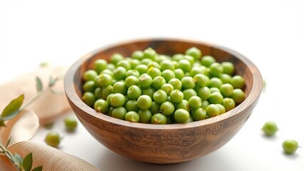 Fresh Green Peas in Wooden Bowl - Side View