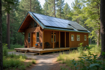 A small off-grid cabin with solar panels on the roof, nestled in a forest clearing.