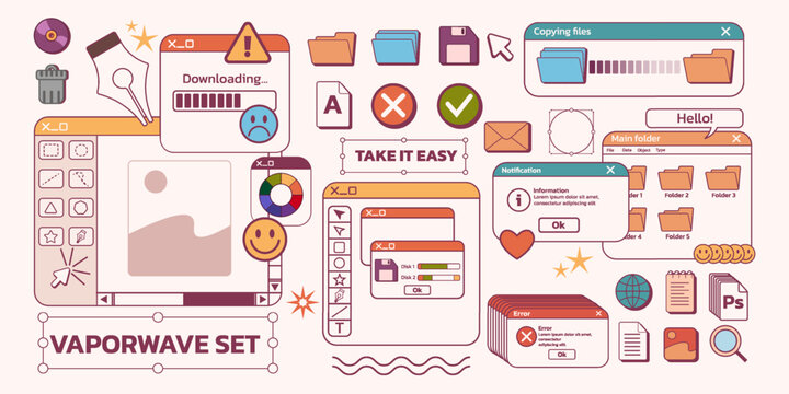 Retro interface. Windows web design. Vintage 90s UI screen or game graphics digital template. Document folder. Error message. Computer old buttons. Browser dashboard. Vector background
