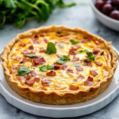 A savory quiche Lorraine with a crispy crust, filled with bacon, cheese