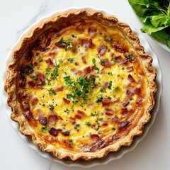 A savory quiche Lorraine with a crispy crust, filled with bacon, cheese