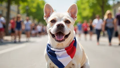Adorable French bulldog celebrating Bastille Day, joyful atmosphere