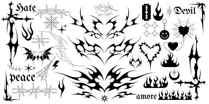 Y2k tattoo. Heart, fire flame and gothic rose, butterfly and wire flower stickers collection in 90s style. Angel abstract chain and spider, black goth vintage and modern art. Vector isolated set