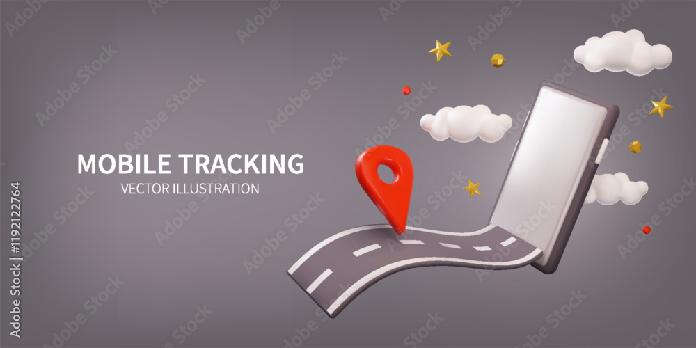 Poster 3d road. car trip. phone application. delivery way map in smart telephone app. order service technol