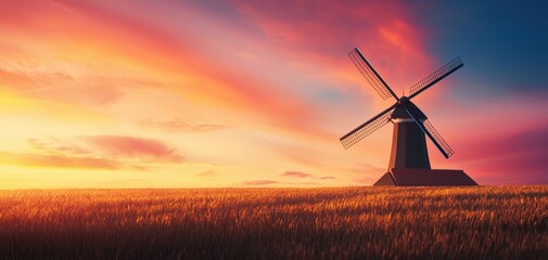 A traditional windmill against a vivid sunset in a peaceful countryside nostalgic charm eco-friendliness and rural beauty