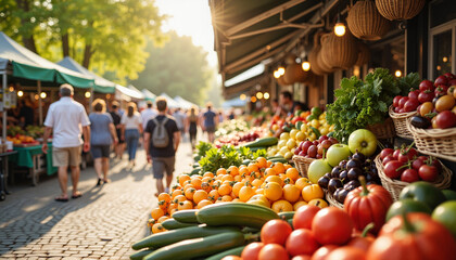 Vibrant fruits at bustling farmers market in morning light, fresh produce