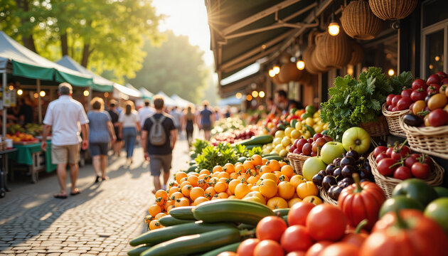 Vibrant fruits at bustling farmers market in morning light, fresh produce