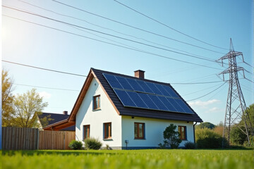 Obraz premium A photo of a house with solar panels, framed by power lines and utility poles in the background, highlighting energy independence.