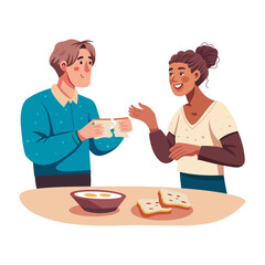 Two characters sharing food illustration in flat style 

