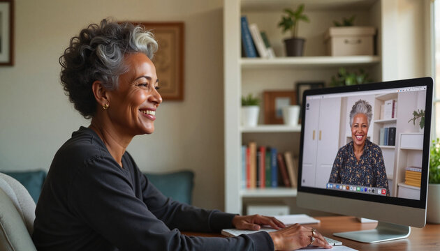 Middle-aged black woman smiling during virtual meeting at home office, Nelson Mandela Day
