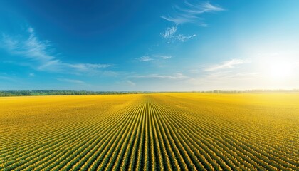 Aerial shot of a vibrant sunflower field under a clear blue sky cheerful and inspiring seasonal agricultural beauty and harmony