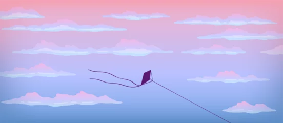 Fotobehang Blauwe hemel Sunset sky. Evening pink background with flying kites, night floating clouds or orange dawn clear landscape. Warm morning or dusk air, gradient scene. Vector cartoon flat isolated illustration  © SpicyTruffel