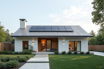A contemporary house with sleek solar panels integrated into a flat roof, framed by minimalist landscaping.