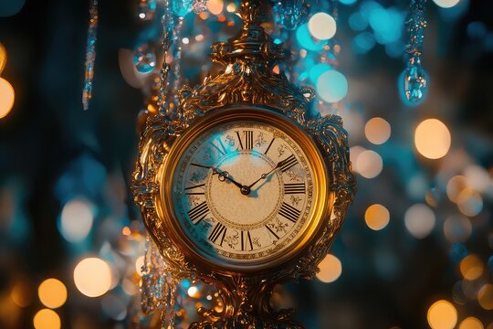 A vintage-style golden clock striking midnight, surrounded by colorful fireworks and bokeh lights.