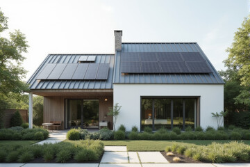 A contemporary house with sleek solar panels integrated into a flat roof, framed by minimalist landscaping.