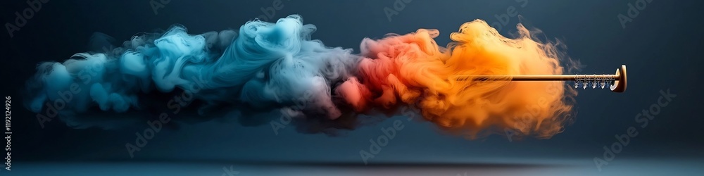 Poster vibrant and dynamic depicting a vibrating reed producing a spectrum of colorful sound frequencies cr