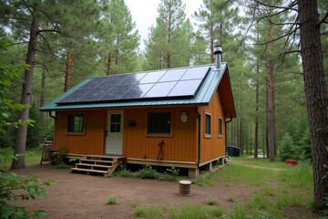 A small off-grid cabin with solar panels on the roof, nestled in a forest clearing.