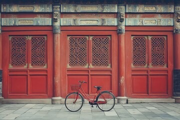 A vintage-style photo of a bike in front of an intricately designed red oriental building, evoking nostalgia and cultural charm.