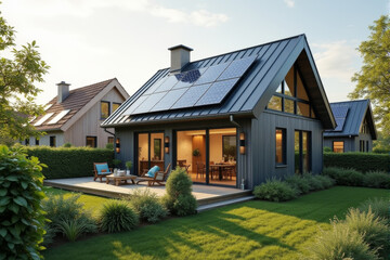 Obraz premium A small urban house with solar panels on the roof, set amidst other modern eco-friendly homes