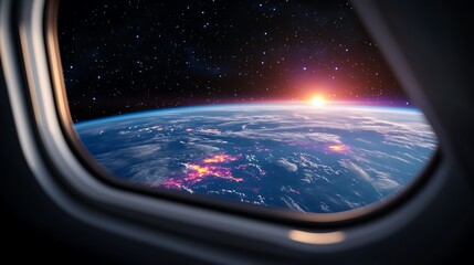 Stunning sunrise over Earth viewed from an airplane window; planet, space, cosmos, atmosphere, horizon, clouds, lights.