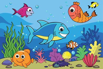Playful aquatic cartoon illustration with cheerful fish, marine plants, and underwater scenery for kids projects or printables