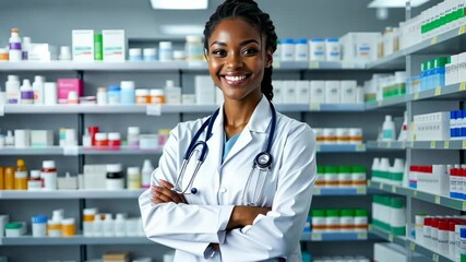 Confident female doctor in a white coat and stethoscope standing in a modern pharmacy with a professional smile