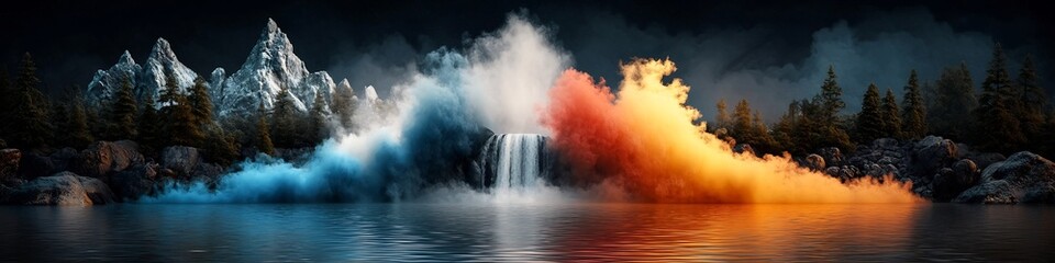 A captivating 3D rendered spectrogram displaying the frequency content and energy of a powerful waterfall s thundering roar set against a fantastical colorful and dramatic mountainous landscape