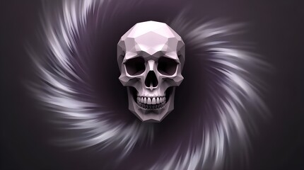 Obraz premium Striking low-poly digital artwork of a human skull set against an abstract dark and ethereal background radiating dynamic energy.