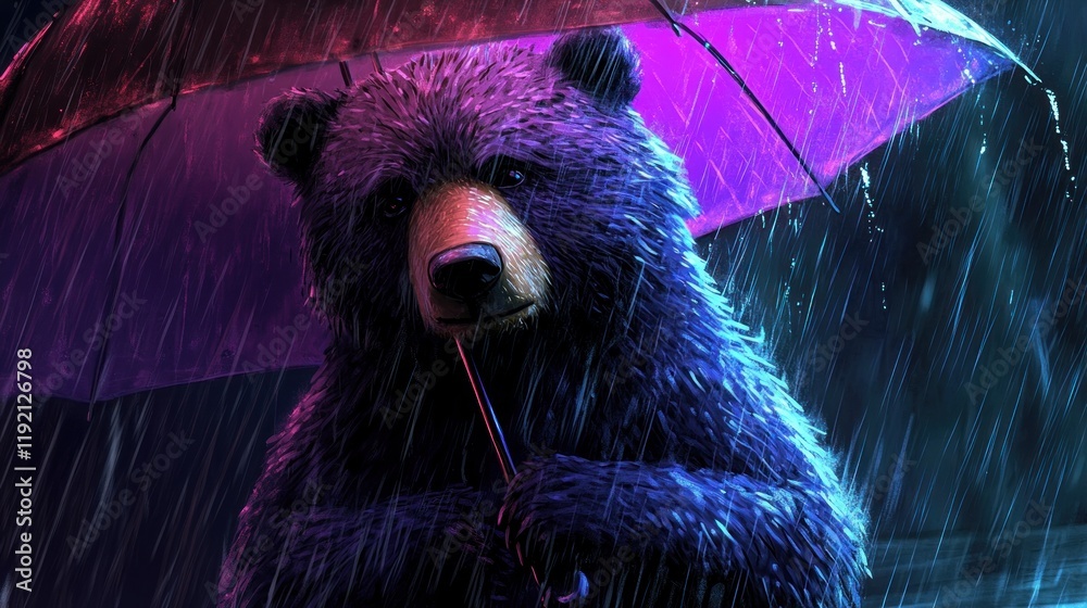 Poster A dark-furred bear stands under a vibrant, multicolored umbrella in the rain.