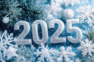 A winter-themed "2025" text made of icy textures surrounded by snowflakes and a Christmas tree.