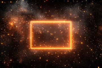 Obraz premium A glowing neon frame suspended in a dark void, surrounded by faint holographic particles shimmering in the light