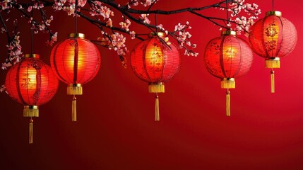 Red lanterns hanging on blossoming branch, red background, Chinese New Year celebration