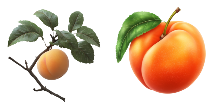 A vibrant peach with green leaves attached to its branch, showcasing its juicy texture and rich orange hue.