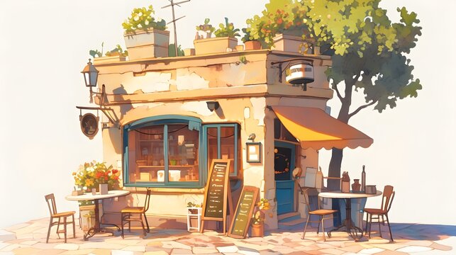 The exterior of a small European cafe, perfect for showcasing modern and quaint architecture.