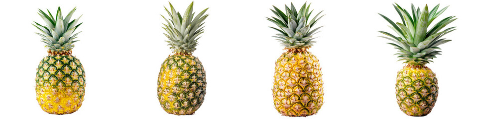 Four ripe pineapples arranged in a row, showcasing their vibrant yellow skin and spiky green leaves.