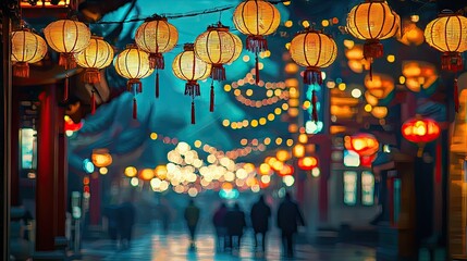 Festive lanterns illuminate a snowy Asian street, people stroll amidst glowing lights; holiday celebration scene