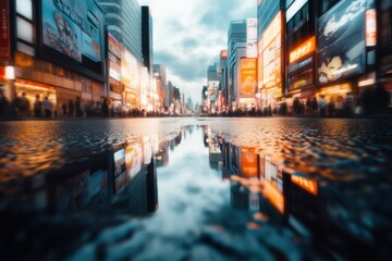 Fototapeta premium Vibrant urban evening shinjuku cityscape photography reflective streets ground level nighttime serenity