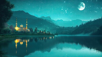 Night scene of mosque by lake, mountains, stars.  Ramadan greeting card