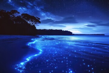 An artistic depiction of Jervis Bayâ€™s glowing waters, combining the bioluminescence with soft reflections of the stars above