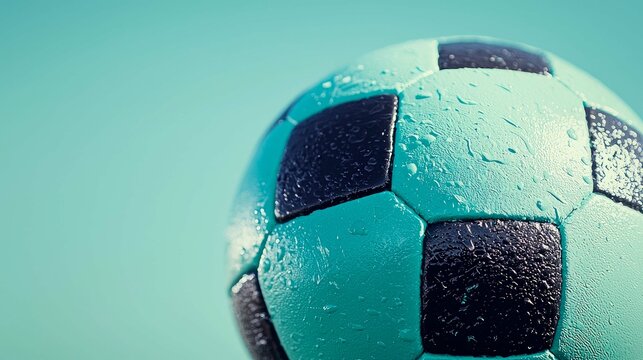 Close-up of a Wet Soccer Ball: Teal and Black Texture