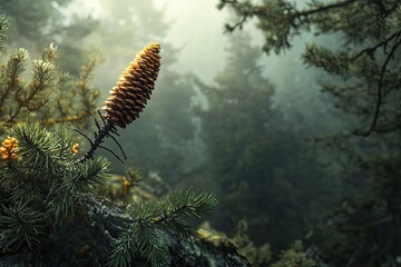 A newly forming cone on the tip of a spruce branch, with misty forest light filtering through in the background.