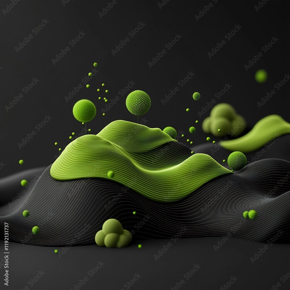 Poster oscillating green formations constructing foreboding hilly terrain in dark abstract 3d backdrop