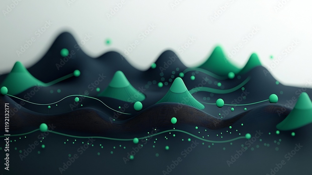 Poster mesmerizing abstract mountainous landscape with dynamic wave pattern of green dots and lines
