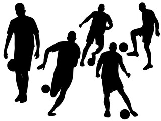 Play football dribble passing shooting silhouettes. Set of soccer player Silhouette illustration. Silhouette soccer sport player football person. Professional amateur soccer tournament. 